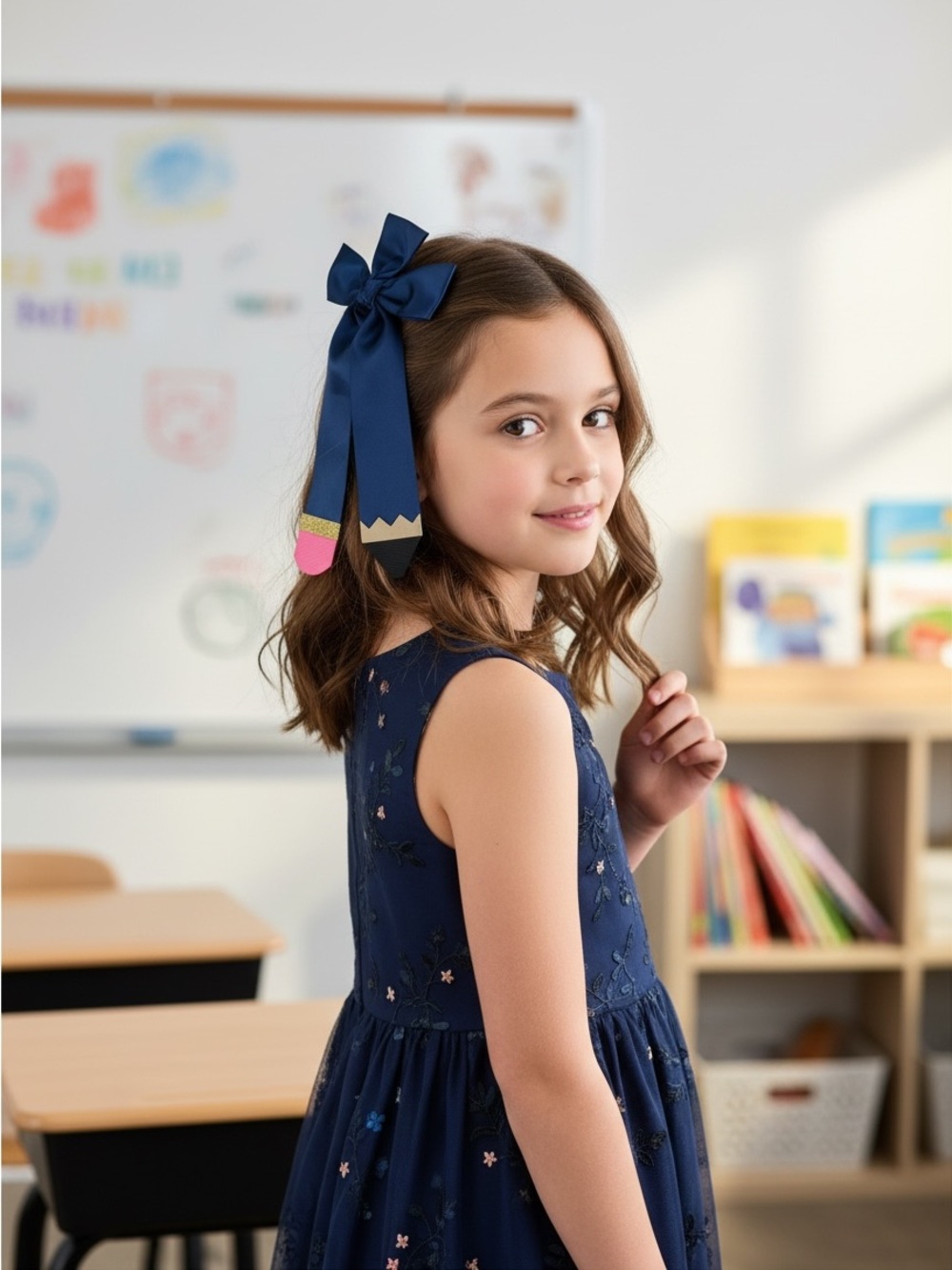 Handmade Navy Blue Pencil Hair Bow Back to School Clip